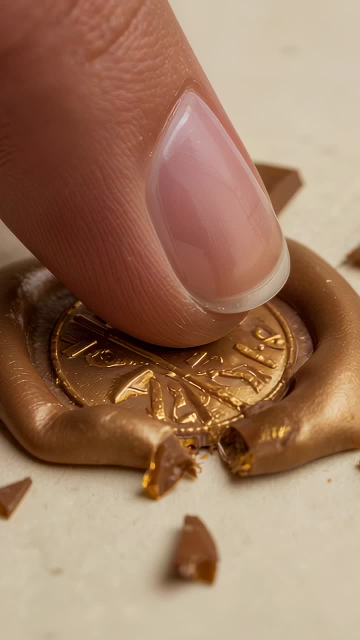 Vertical video: Touching adult fingertip pressing wax seal on desk, revealing gold token and chips