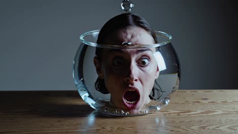 woman's head in a fishbowl with water pouring