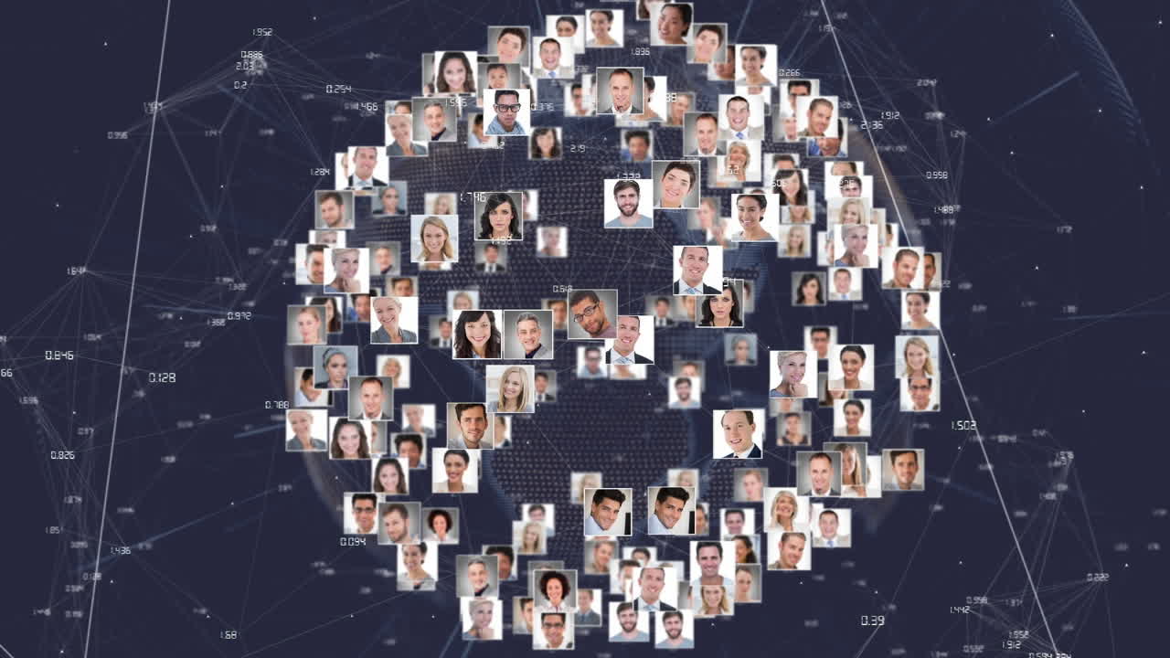 어두운 배경에 연결 네트워크와 사진과 함께 지구의 애니메이션