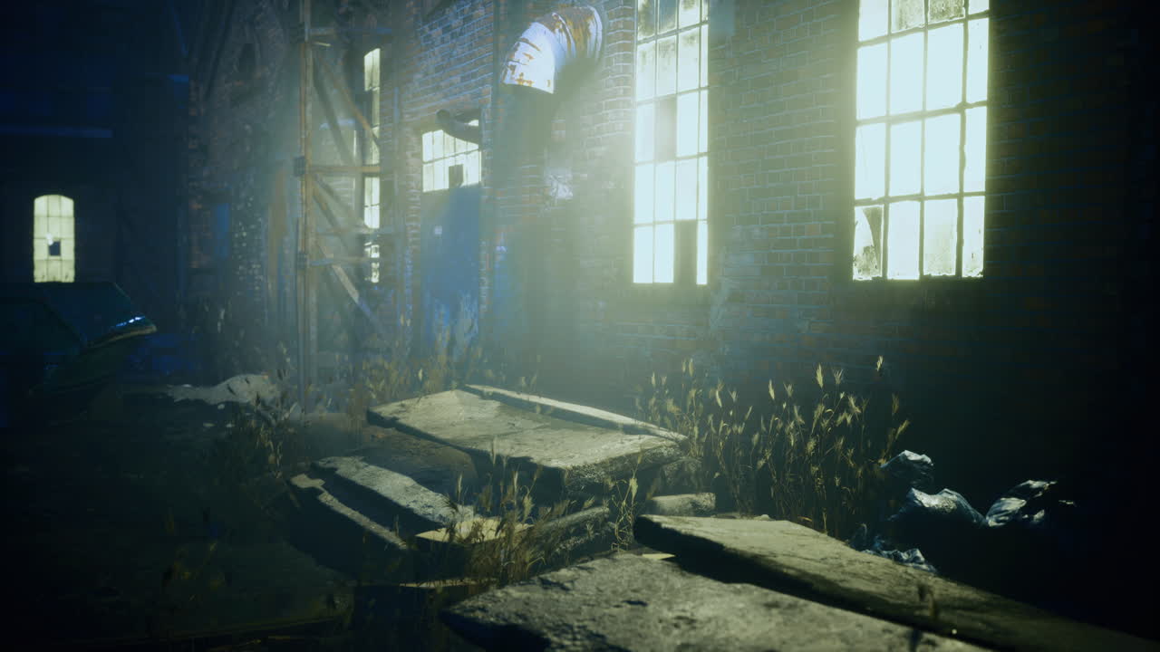 Abandoned alleyway illuminated by eerie light during nighttime exploration