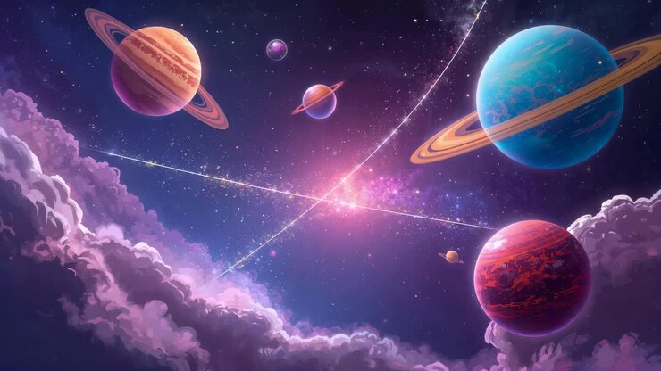 Revealing four ringed and nonringed planets drifting above pink clouds, glowing nebula center