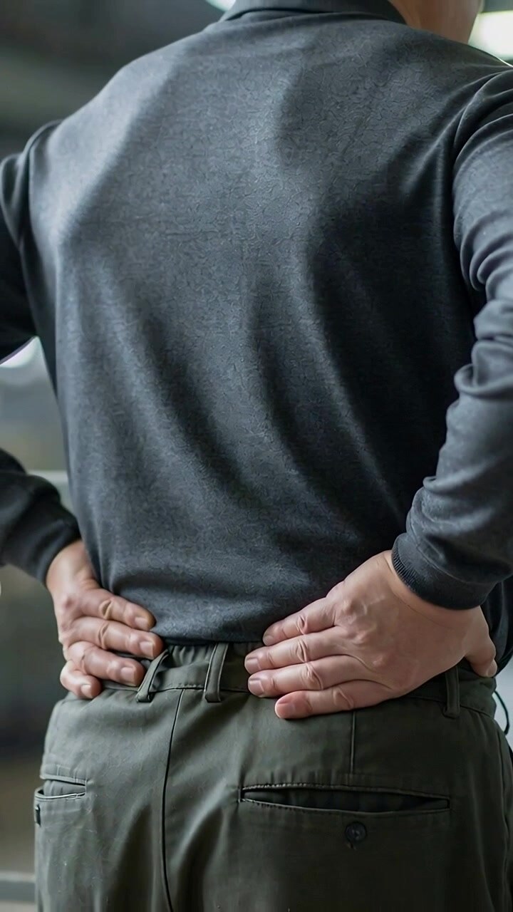Vertical video: Standing man holding lower back while turning toward shop noise, in grey pullover