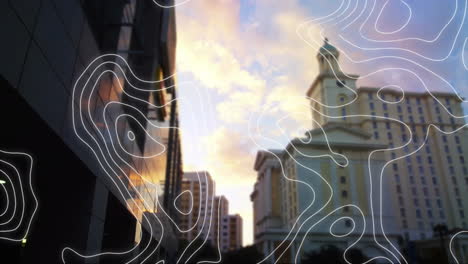 urban skyline with church and modern buildings featuring abstract line animation