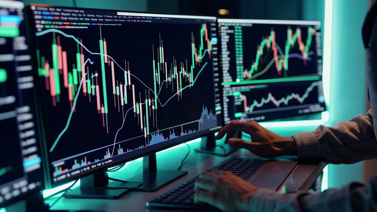 Person analyzing financial data on multiple computer monitors