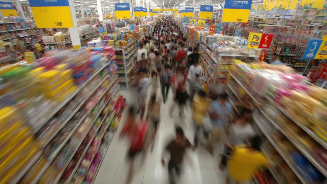 A Busy Aisle Filled with Crowds Shopping for Essentials in a Retail Store, Capturing the Hustle and Bustle of Shopping Experiences