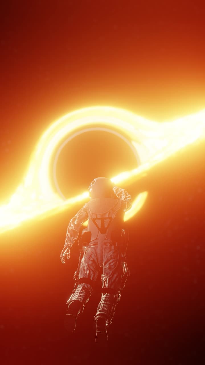 Cosmonaut flying towards black hole at outer space. 3d render