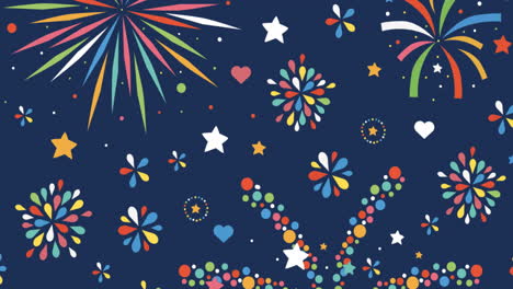 animation of multi coloured fireworks exploding with hearts and stars on black background