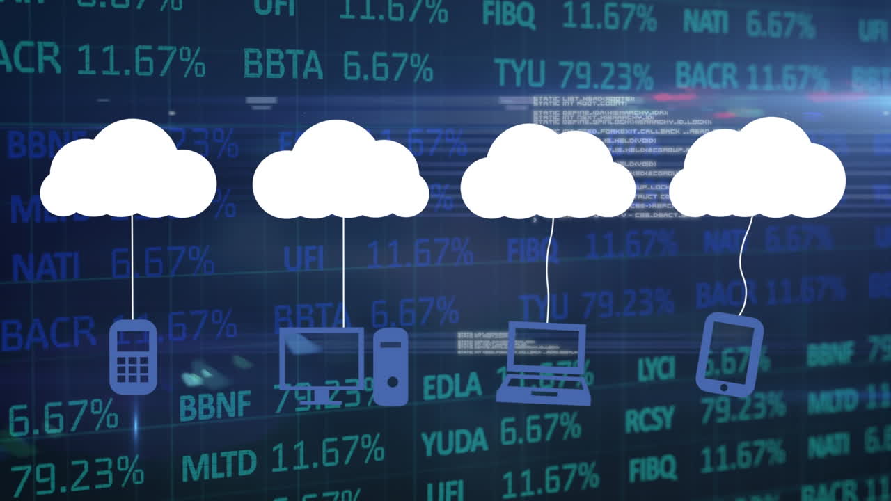 animación del icono de las nubes sobre la interfaz digital y el procesamiento de datos