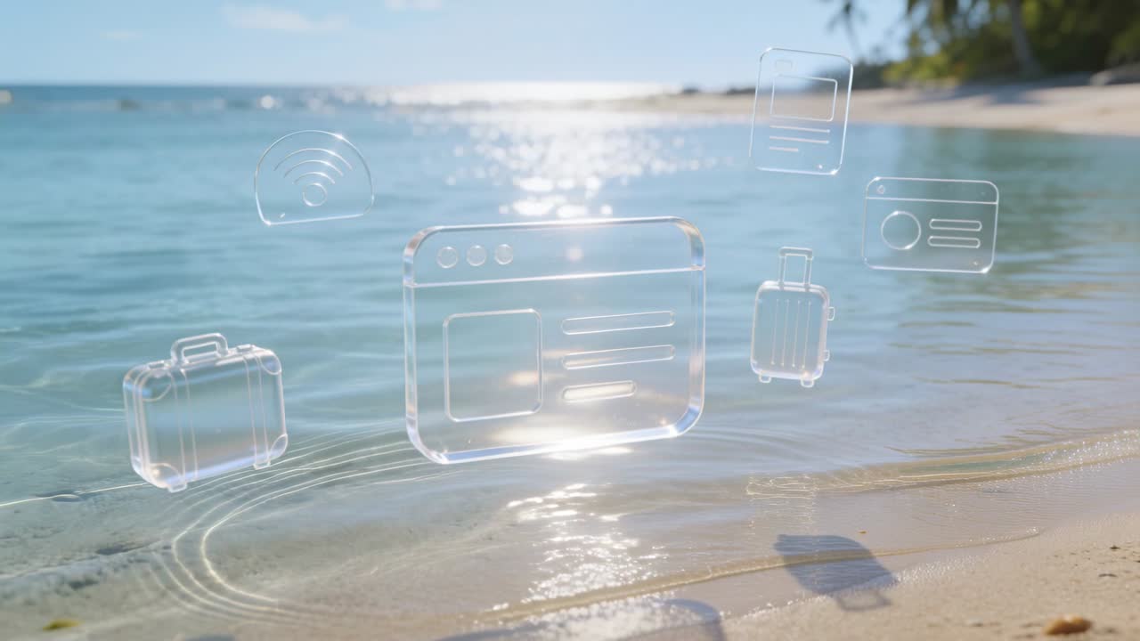 Vertikal video: Krusninger dannes under et vinduesikon og får ikoner til at duve over havet, Wi-Fi-signal.