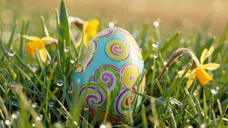 Brightly decorated Easter egg rests amidst blades of grass, adorned with glistening dew drops, accompanied by delicate yellow daffodils, creating a picturesque springtime scene