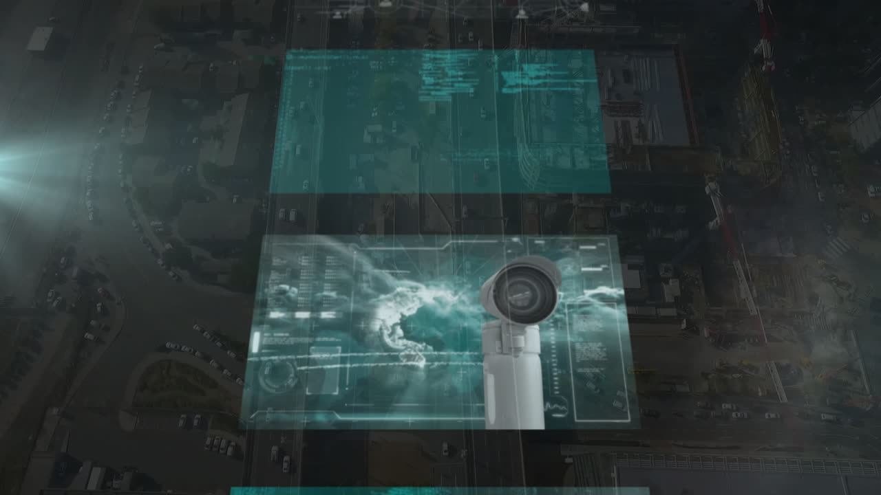 Network connections and data processing animation over aerial view of city