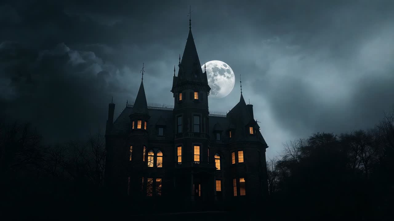 Fulmini che illuminano una villa gotica con finestre illuminate e la luna in una radura rurale