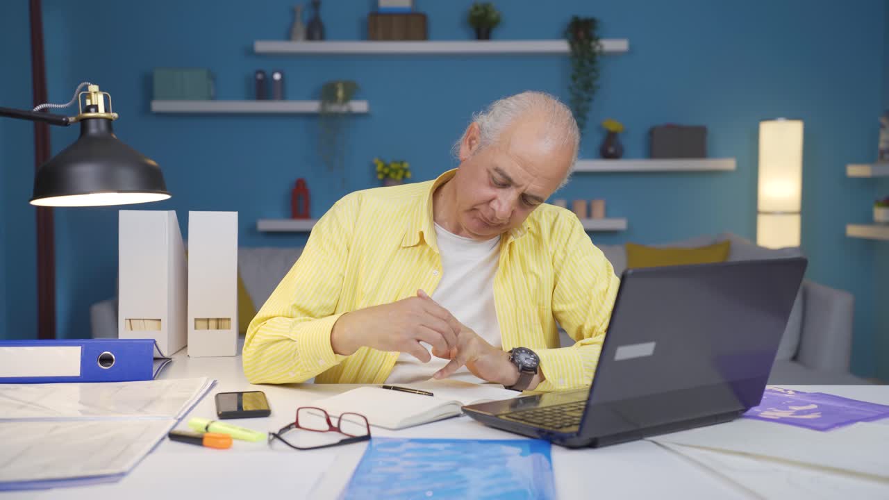 Home office worker old man thinking about private life problems.