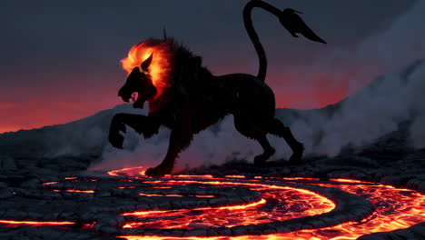 fiery griffin on volcanic landscape