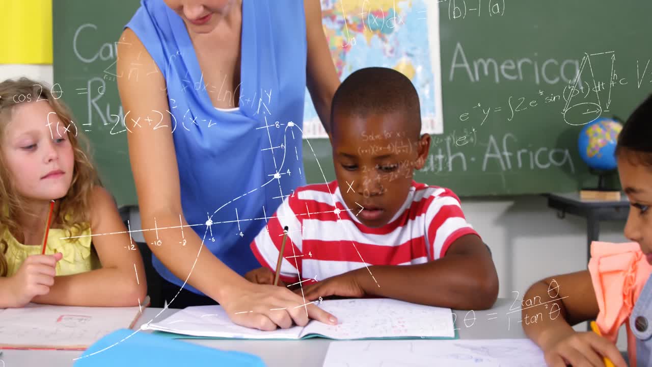 Animation of math formulas over happy caucasian female teacher and diverse children at school