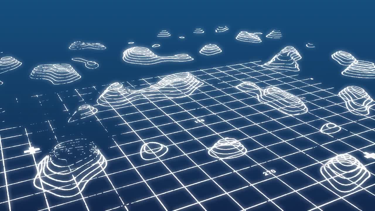 Animation of moving white thin mountain lines on digital topographic map