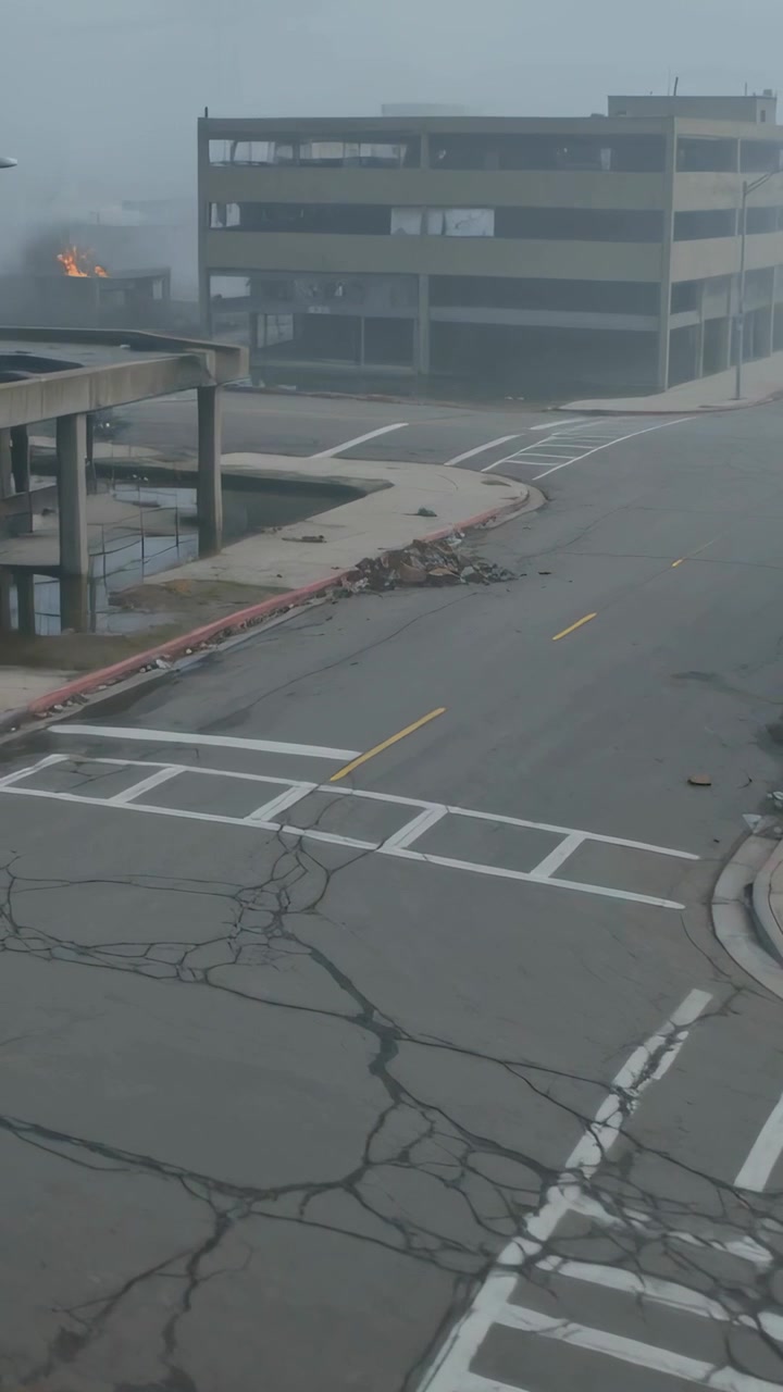 Video verticale: Garage danneggiato centrato su un isolato urbano, con scintille di fuoco a sinistra e fumo che sale