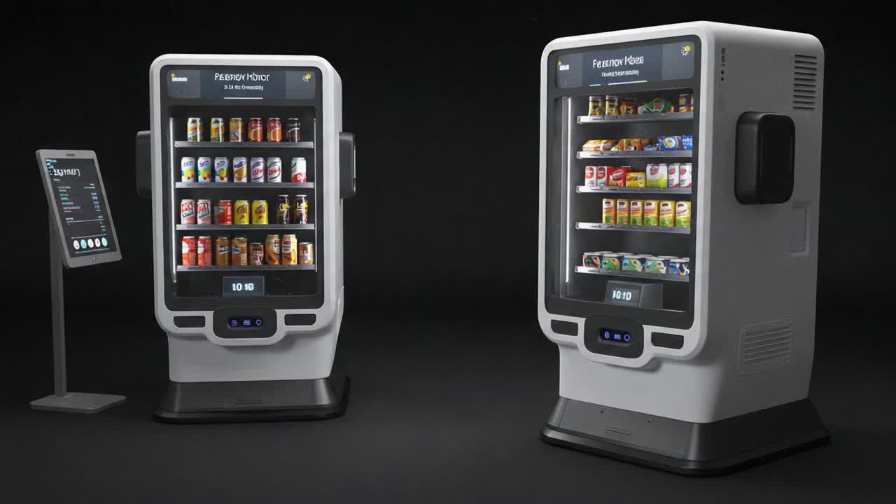 Modern Automated Vending Machines Showcasing a Variety of Snacks and Beverages with Digital Display and Touchscreen Controls in a Sleek Black Environment