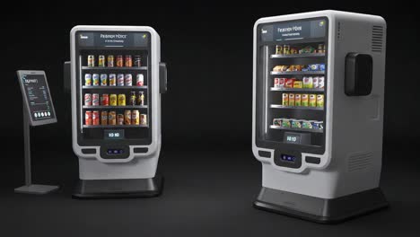 modern automated vending machines showcasing a variety of snacks and beverages with digital display and touchscreen controls in a sleek black environment