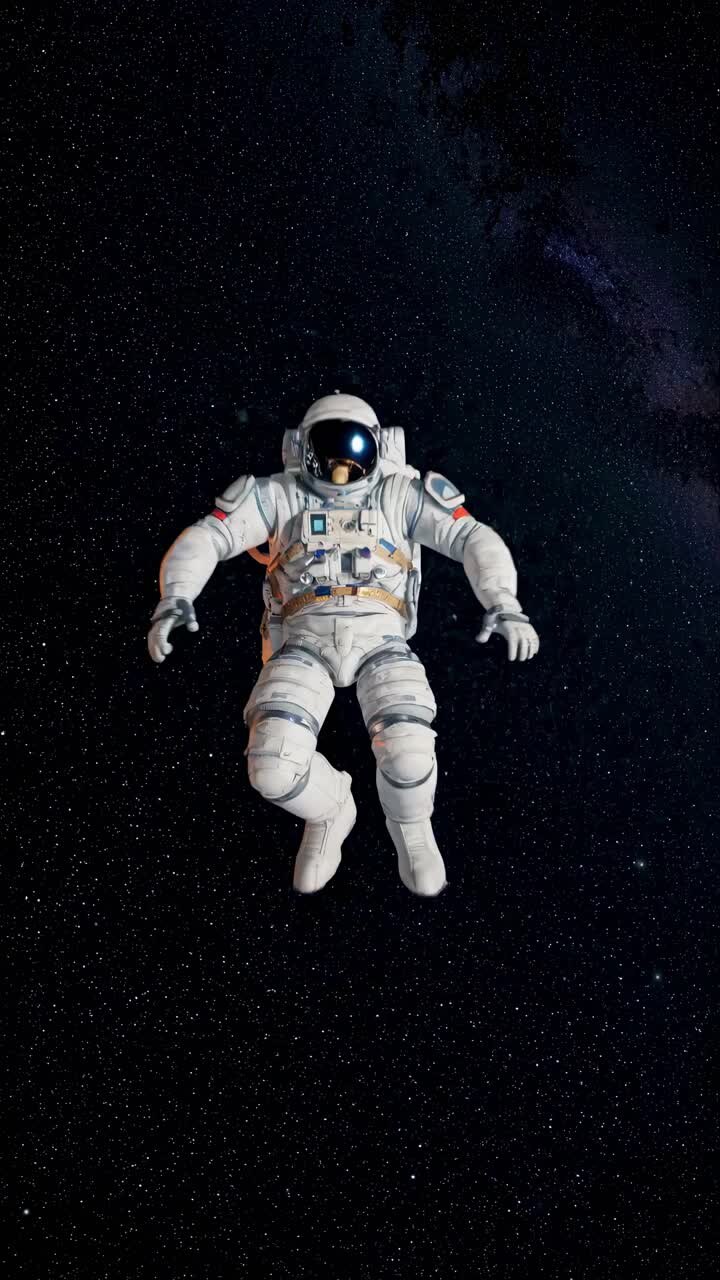 Aerial view of an astronaut floating in space against a starry backdrop, creating a serene