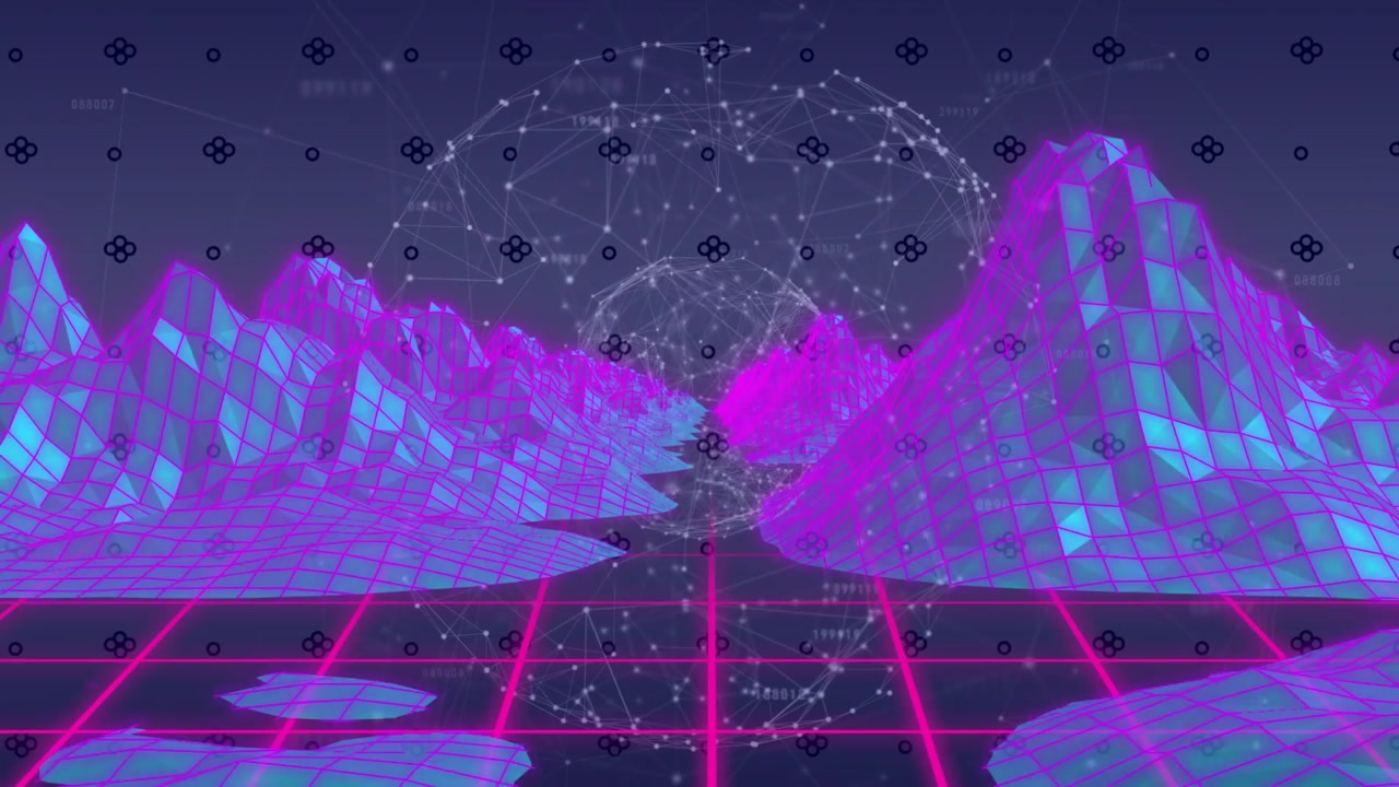 Particle sphere pulsing and rotating while camera moving forward, showing retro neon grid network