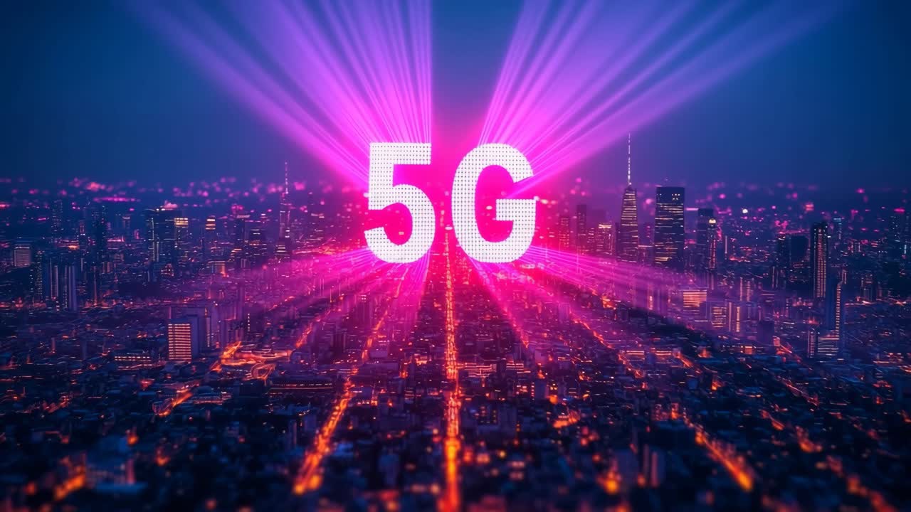 5G-lit city skyline. A vibrant city skyline at dusk showcases glowing lights and beams symbolizing advanced 5G technology.