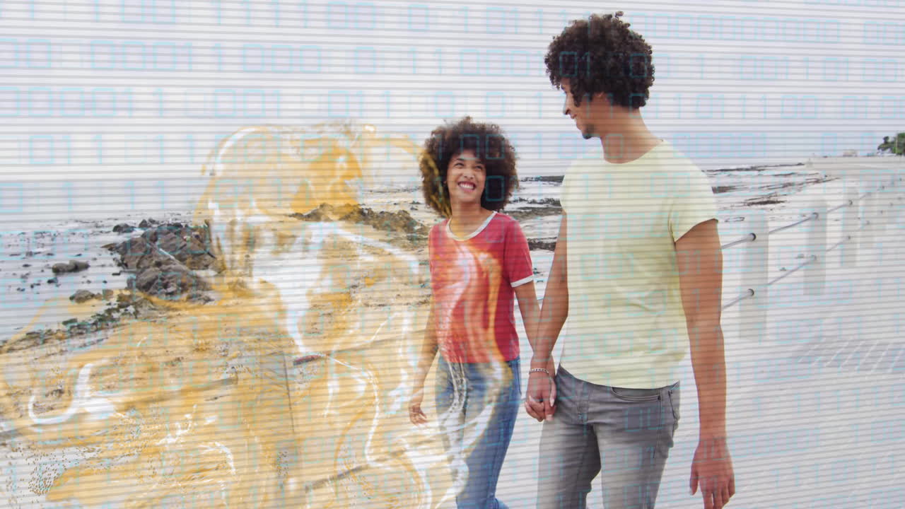 Couple holding hands on beach with abstract golden animation overlay