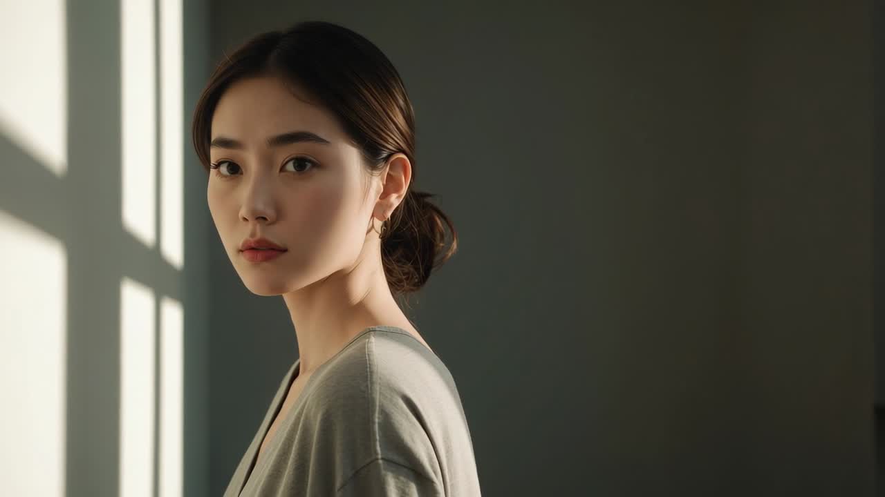 Posing Asian woman doing head and gaze shifts as camera revealing near window shadow gray-top hoops