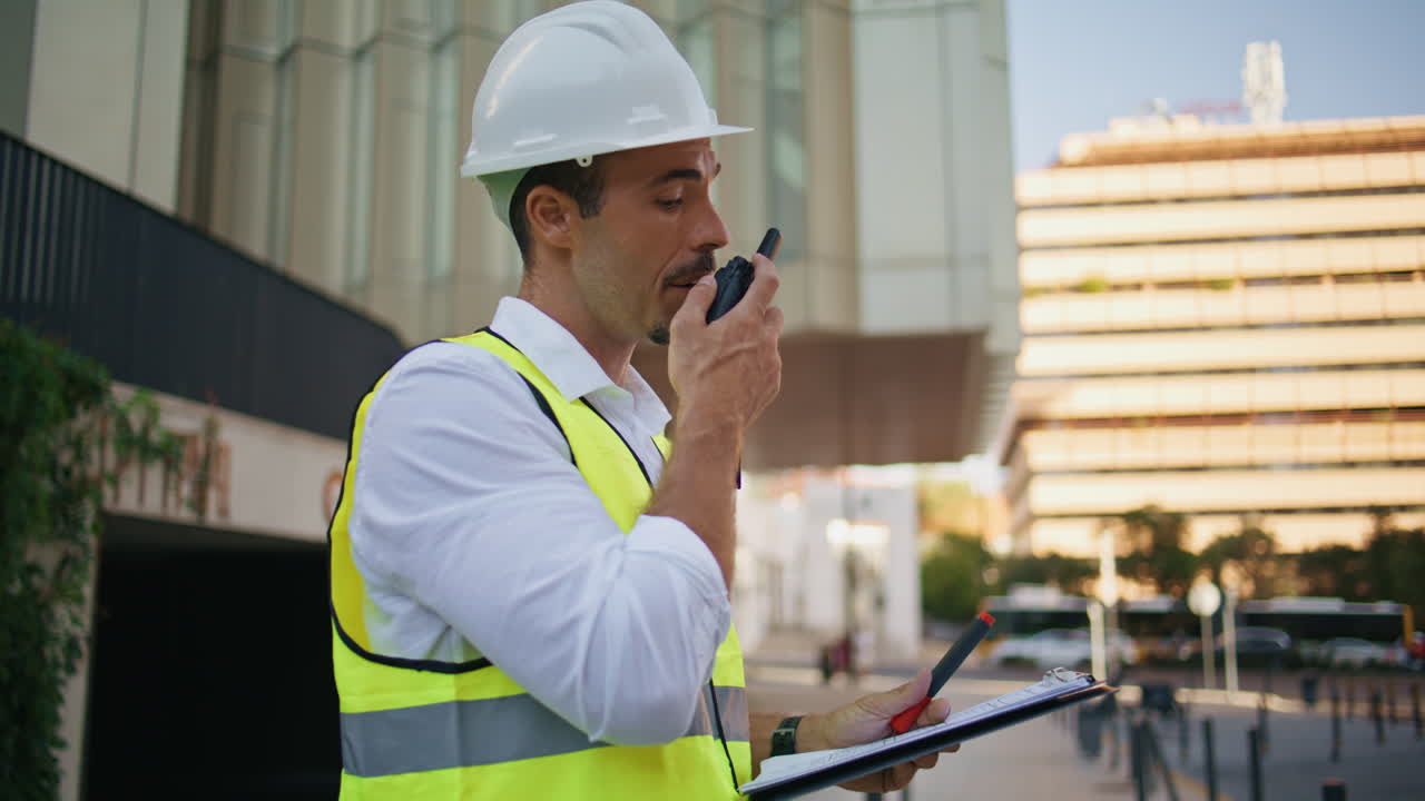 Building chief giving instructions workers using walkie-talkie in city closeup
