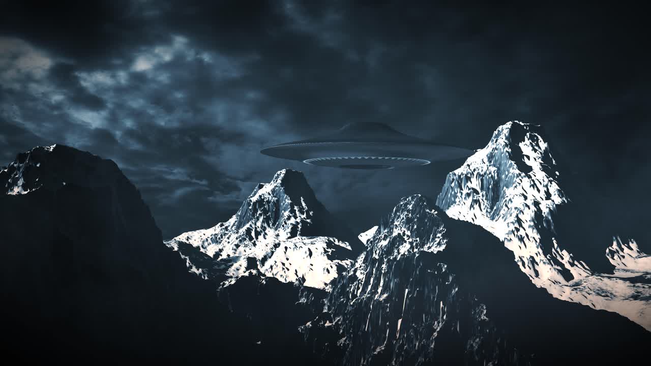 UFO over a Snowy Mountain Range at Night
