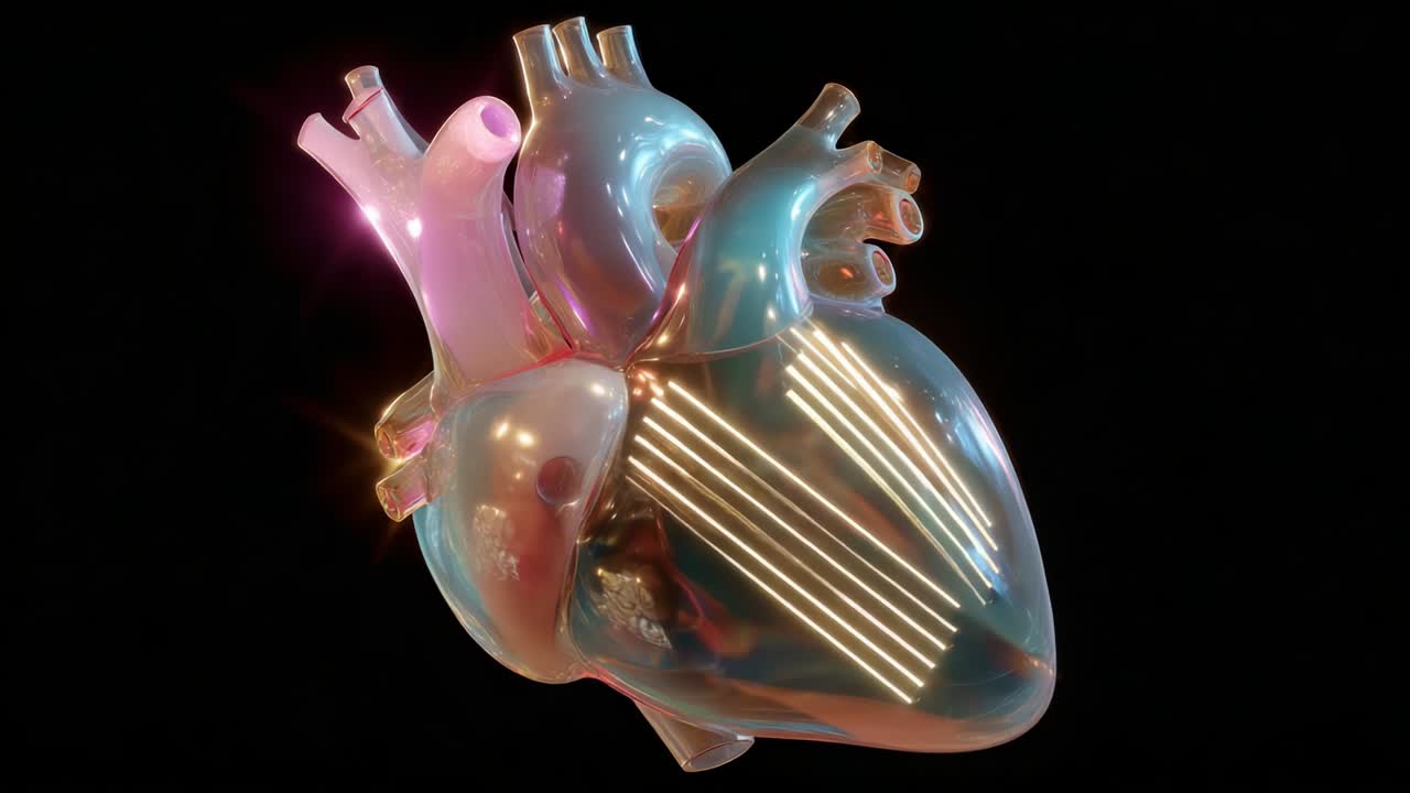 A Glowing Heart: A Stunning 3D Representation Featuring Iridescent Surfaces and Illuminated Structures Capturing the Essence of Life and Emotion Through Artistic Design and Technological Innovation