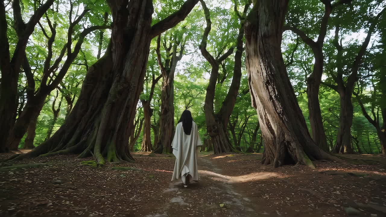 mujer caminando en un bosque