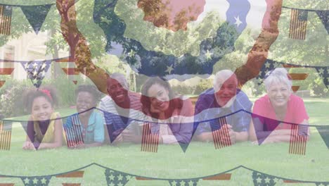 animation of flag of usa over african american family in garden