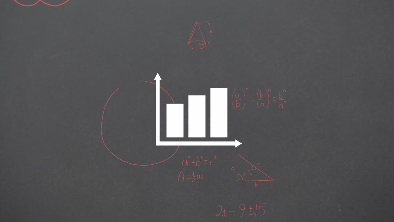 animación del icono del gráfico de barras sobre ecuaciones matemáticas flotando contra un fondo gris