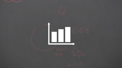 animation of bar graph icon over mathematical equations floating against grey background