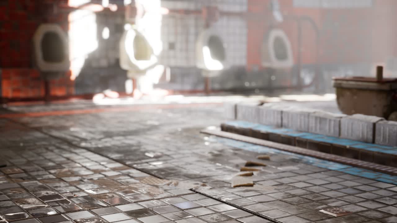 밝은 조명을 가진 버려진 오래된 공공 화장실