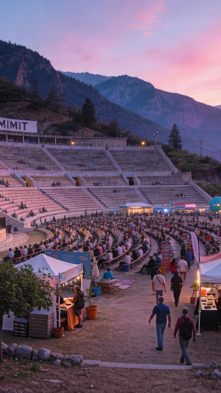 Vertikales Video: Abenddämmerung, sitzendes Publikum schaut Show in Freilichtbühne auf Stühlen, mit Platz für Text.