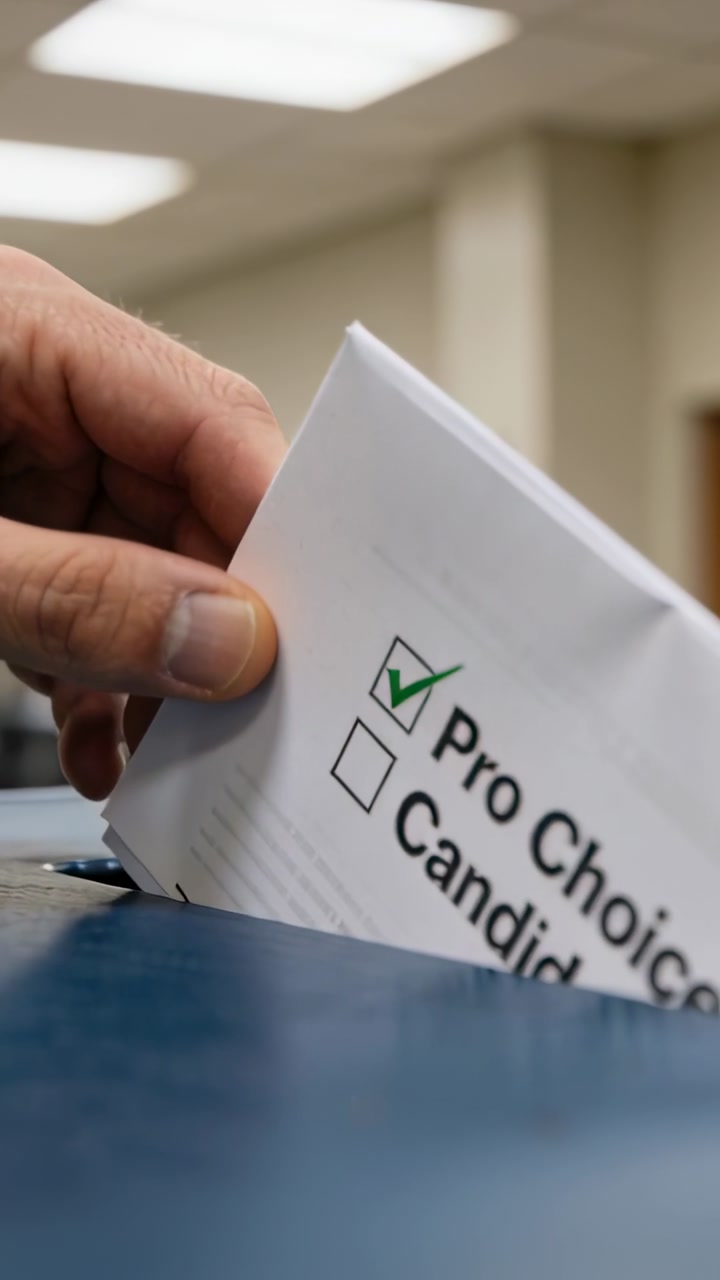 Vertical video: Sliding vote Pro Choice Candidate after checking box into blue box at polling site