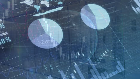 animation of graphs and financial data over globe on navy background