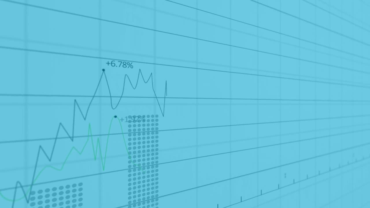 추상적인 배경 위에 변하는 숫자와 그리드 패턴을 가진 여러 그래프의 애니메이션