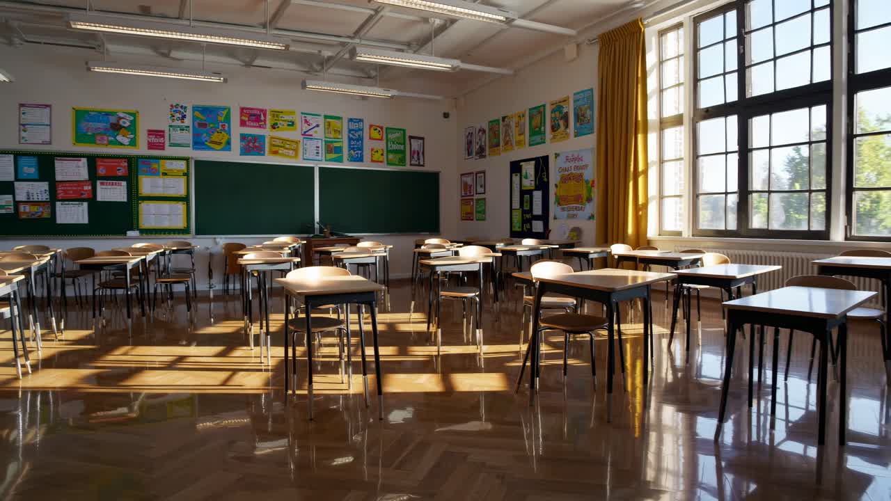 Sunlit classroom with empty desks, captured from a low angle