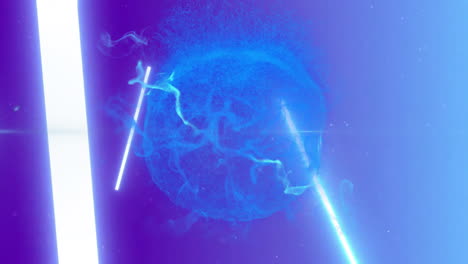 blue light beams and abstract shapes animation over purple background