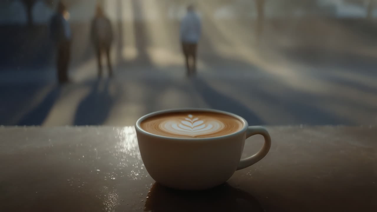Latte art coffee cup in sunlit outdoor setting with blurred figures