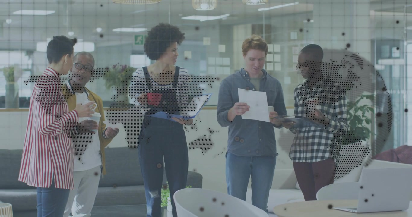 Striped blazer woman initiating animated chart overlay while business team examining data on map