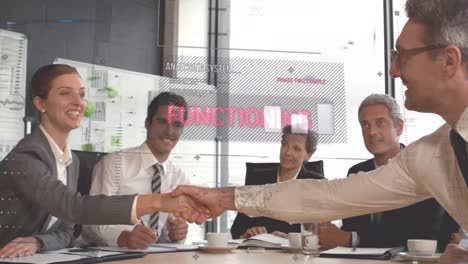 animación del procesamiento de datos financieros sobre el apretón de manos en una reunión de negocios