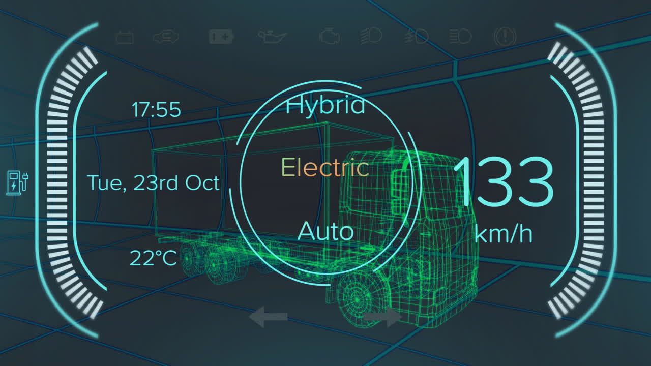 Wireframe truck hologram spinning inside tunnel, showing speedometer gauge, electric mode selector
