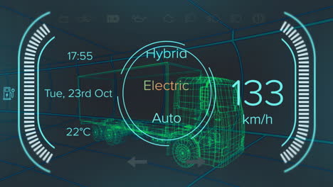 wireframe truck hologram spinning inside tunnel, showing speedometer gauge, electric mode selector