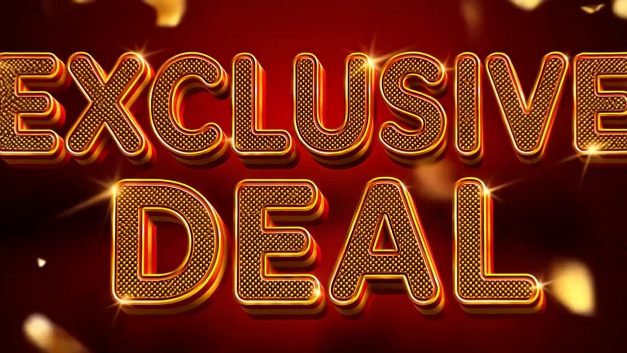 Animazione banner promozionale 'Offerta Esclusiva' con tipografia oro neon su sfondo rosso