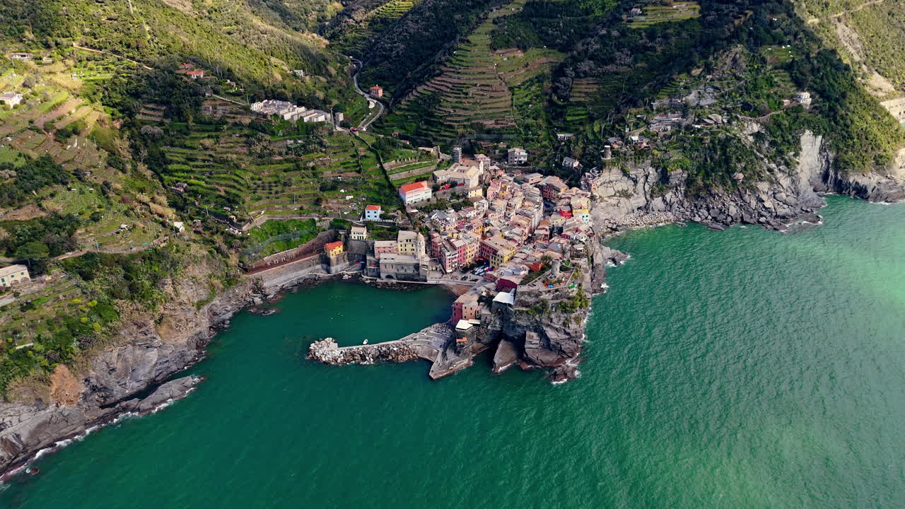 Vernazza village in cinque terre, italy, nestled by the sea, aerial view