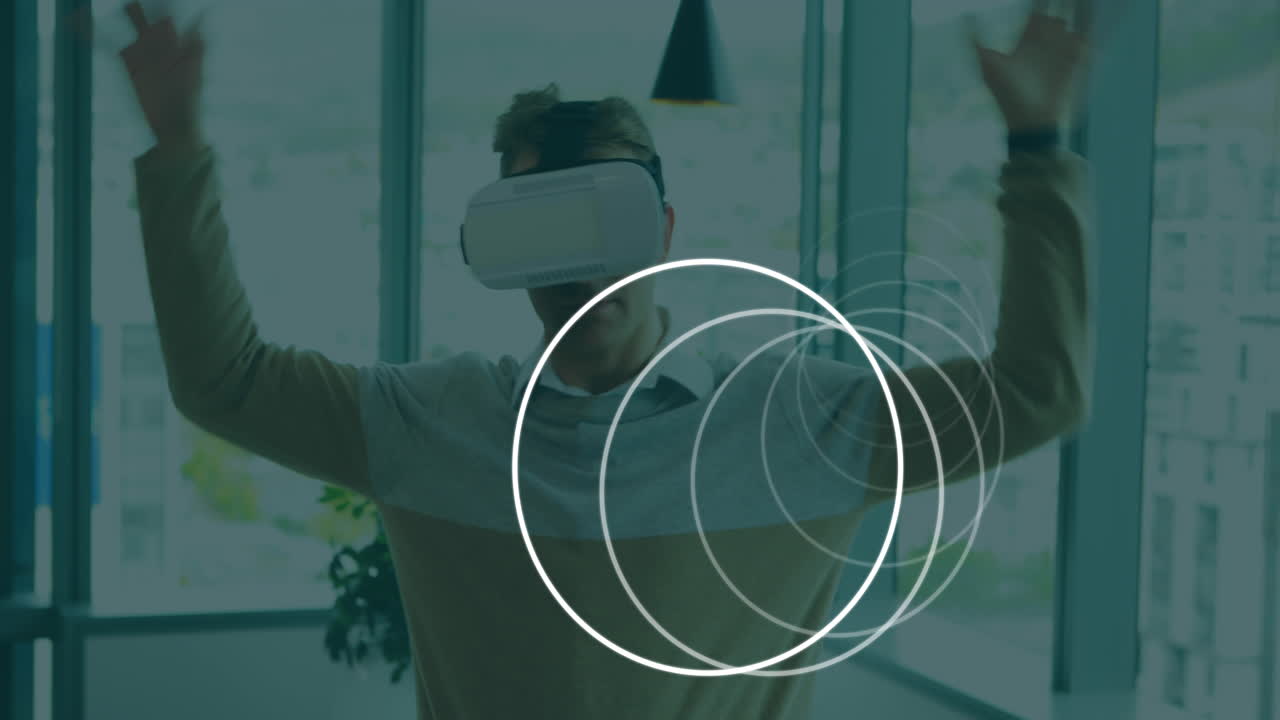 animación de círculos blancos que se mueven sobre el hombre que usa auriculares vr utilizando una interfaz virtual